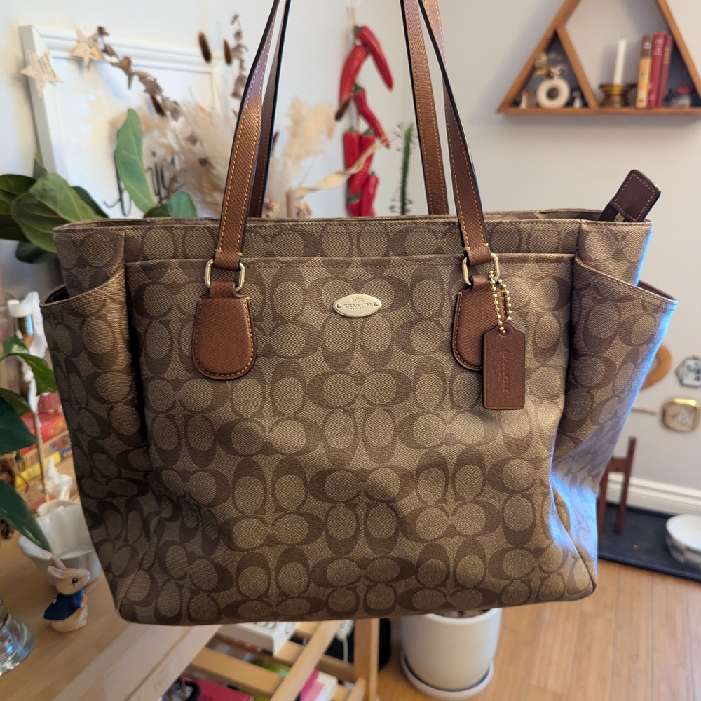 Coach Brown Signature Canvas Tote with Leather Trim